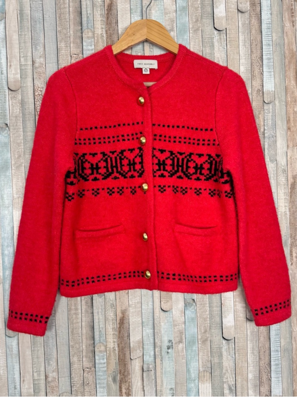 Preppy Fair Isle Lady Jacket Cardigan Sweater Red Gold Button Front Nordic M